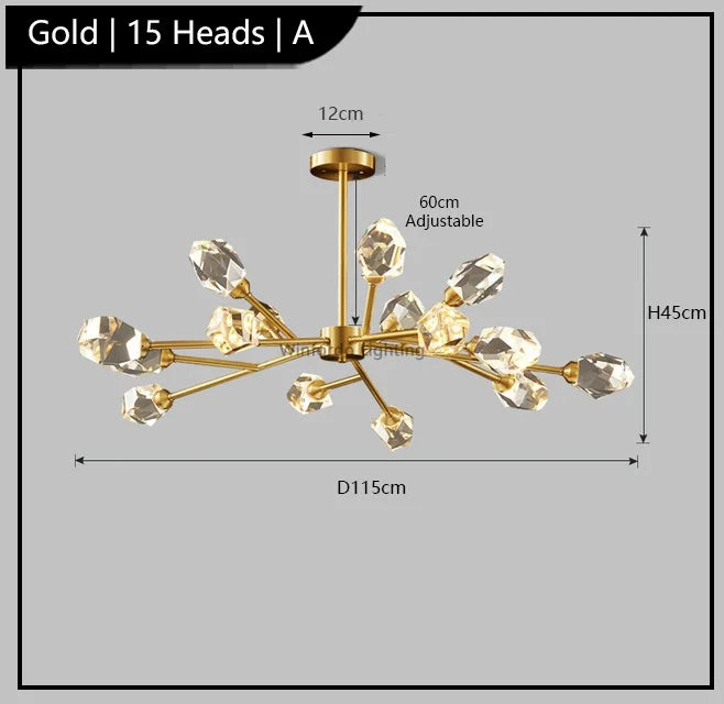 Maison Ornate Postmodern chandelier with 15 crystal LED arms, adjustable rod, unique modern design.