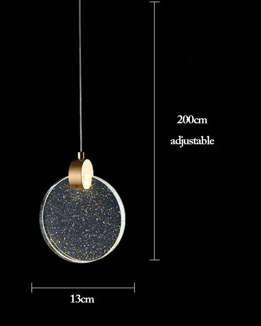 Modern gold LED Nordic chandelier with glittery 13 cm crystal disc, adjustable black cord.