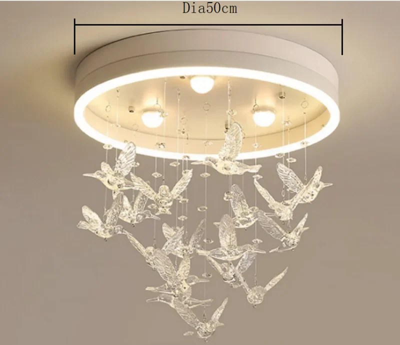 Modern Crystal Ball Chandelier with romantic LED lights and elegant crystal birds on 50cm frame.