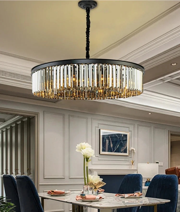 Maison Ornate Modern Crystal Chandelier with elegant geometric shape, contemporary style, and sparkling crystal accents.