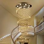 Maison Ornate Duplex Spiral Crystal Pendant Light features glowing orbs and cascading crystals in modern elegance.