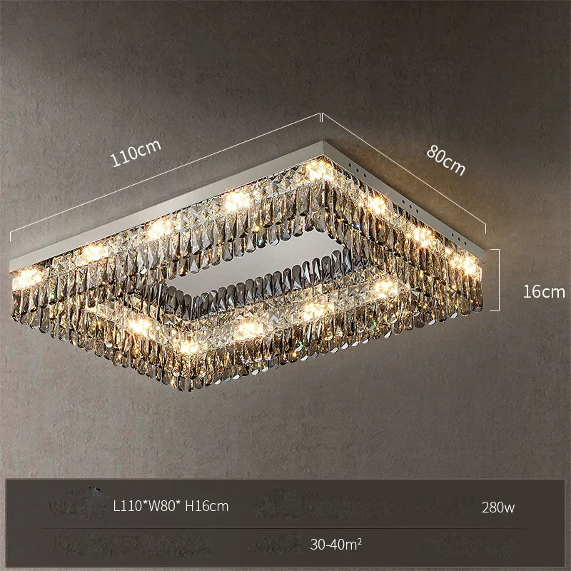 Maison Ornate rectangular chandelier with two crystal tiers, warm LED light, 280W, 110x80x16cm.