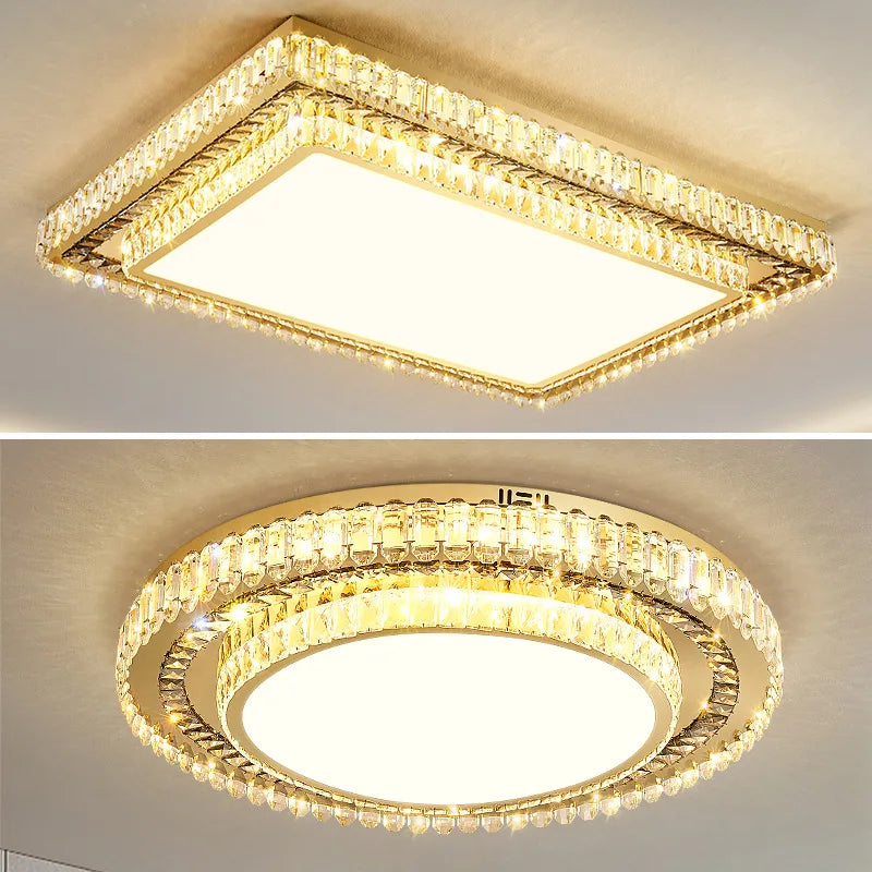 Square crystal chandelier with crystal trim and round double-border LED crystal glass chandelier.