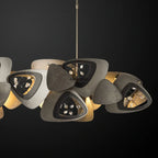 Maison Ornate Industrial Crystal Chandelier features triangular metallic plates, glass pieces, and LED-lit crystals.