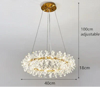 Maison Ornate Crystal Hallway Chandelier with gold accents, crystal floral details, adjustable suspension cable.