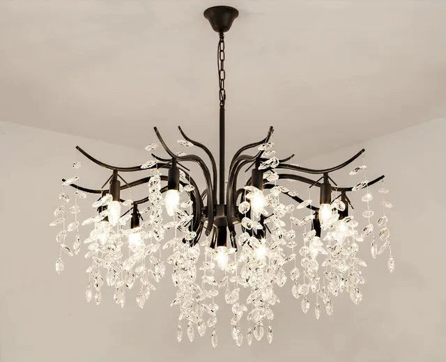 Black metal LED chandelier with clear crystals, branch-like arms, and elegant vintage-modern design.