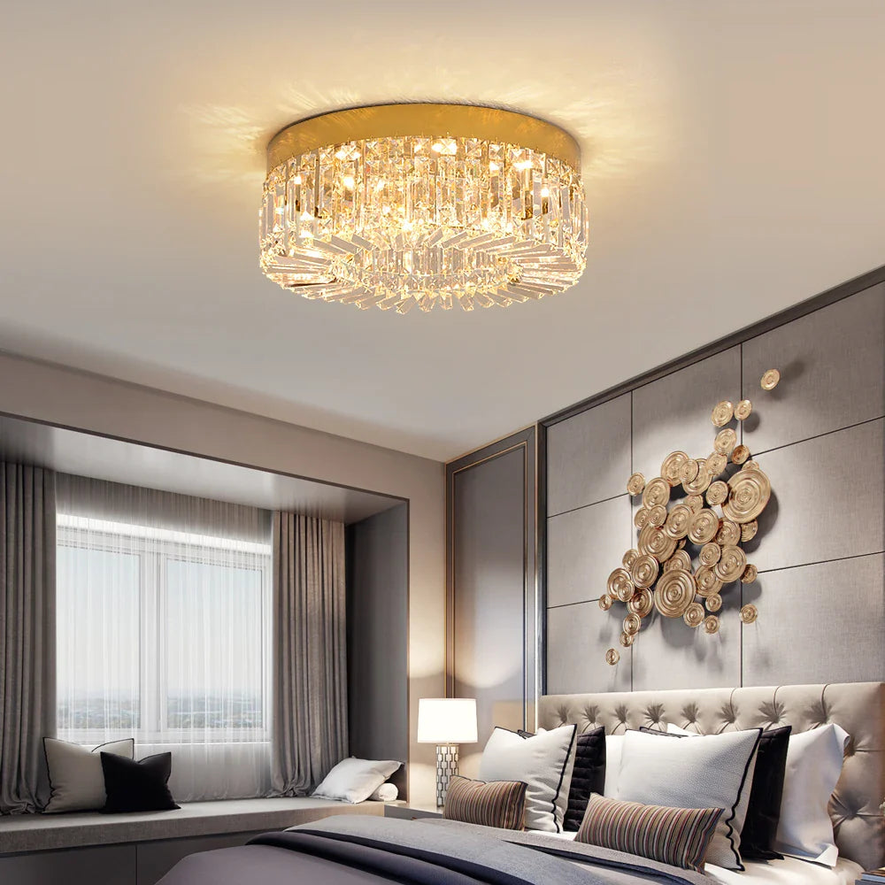Maison Ornate Modern Gold Crystal Bedroom Chandelier with Integrated LED, elegant gold and crystal lighting.
