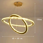 Gold LED chandelier with three intersecting crystal rings, dimmable, suspended and modern; 150cm high.