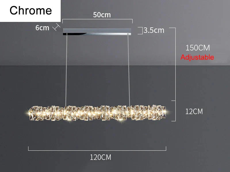 Modern chrome LED chandelier with crystals, sleek bar design, adjustable height, gold-inspired accents.