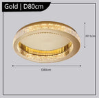 Round gold postmodern chandelier with crystal accents, sparkling shades, and D80cm x H11cm dimensions.