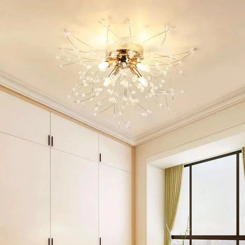 The Maison Ornate Modern Multi-Head Crystal Chandelier features tassels and a semi-flush mount design.