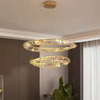 Maison Ornate K9 Crystal Chandelier features two glowing, intertwined LED rings with an irregular design.