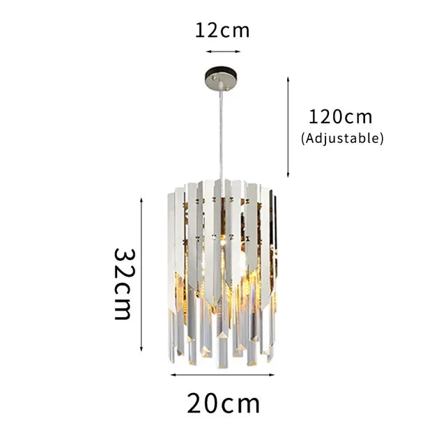 Modern cylindrical chandelier with white and gold slats, LED bulbs, adjustable hanging length.
