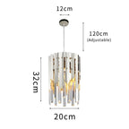 Modern cylindrical chandelier with white and gold slats, LED bulbs, adjustable hanging length.