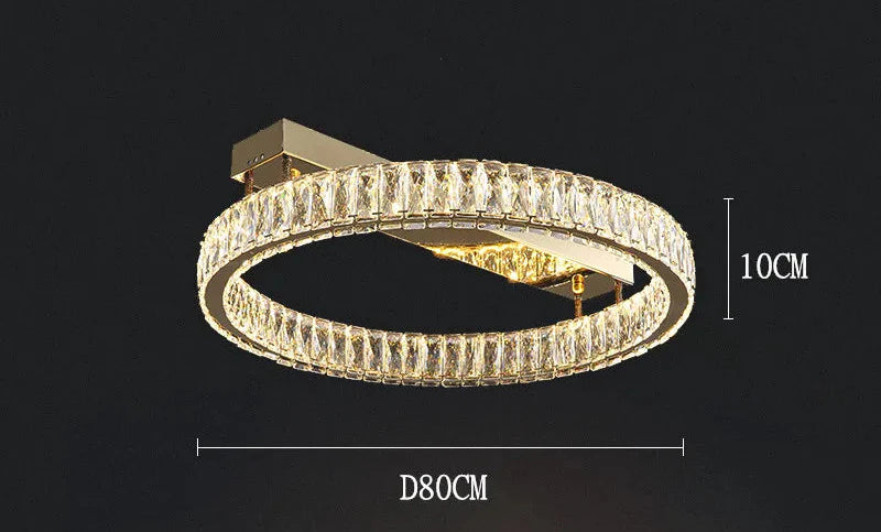 Round modern chandelier with crystal accents on gold rectangular base, stainless steel, 10 cm high, 80 cm diameter.