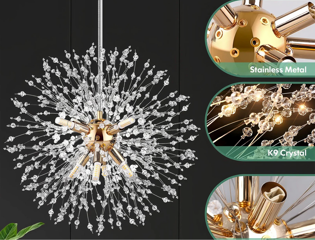 Maison Ornate Modern LED Pendant Chandelier with gold arms and K9 crystal accents, elegant bedroom lighting.
