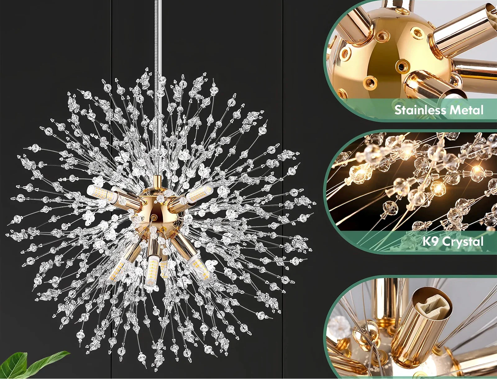 Maison Ornate Modern LED Pendant Chandelier with gold arms and K9 crystal accents, elegant bedroom lighting.