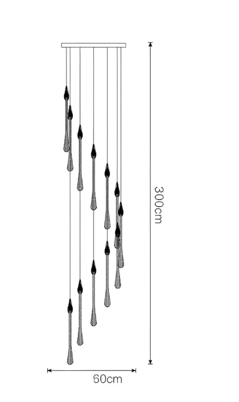 Modern LED crystal chandelier with eight adjustable teardrop pendants, 300x60 cm, measurement lines shown.