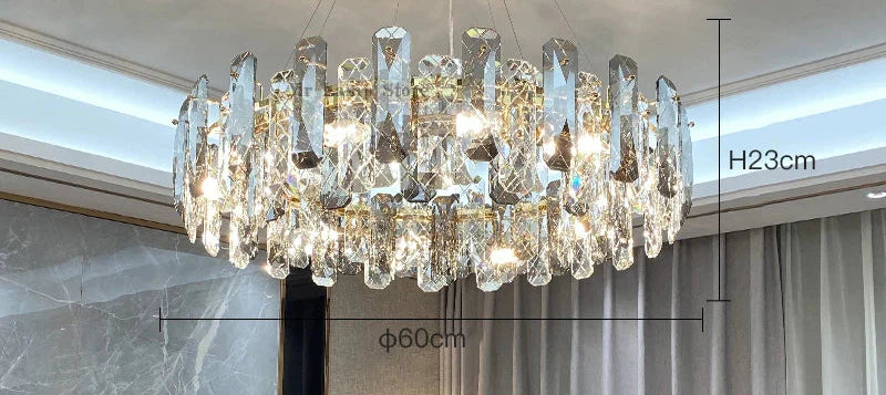 Maison Ornate Modern Crystal LED chandelier with gold accents, 60 cm wide, 23 cm high.