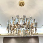 Modern Crystal LED chandelier with angular glass pieces, sparkling reflections, and contemporary luxury appeal.