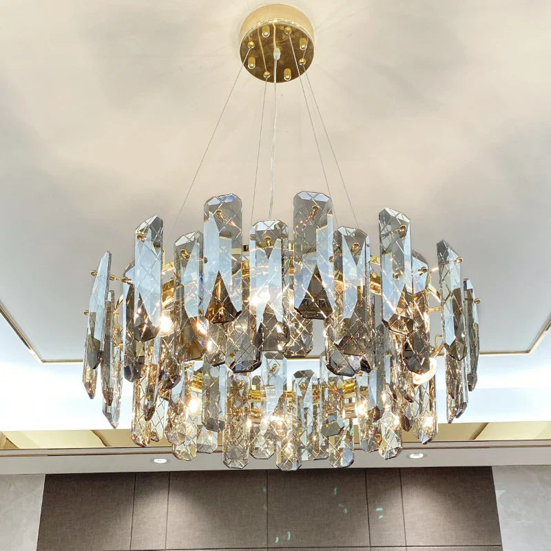 Modern Crystal LED chandelier with angular glass pieces, sparkling reflections, and contemporary luxury appeal.