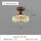 French medieval-style crystal teardrop chandelier with wood base, acrylic fringe, and dual LED lights.