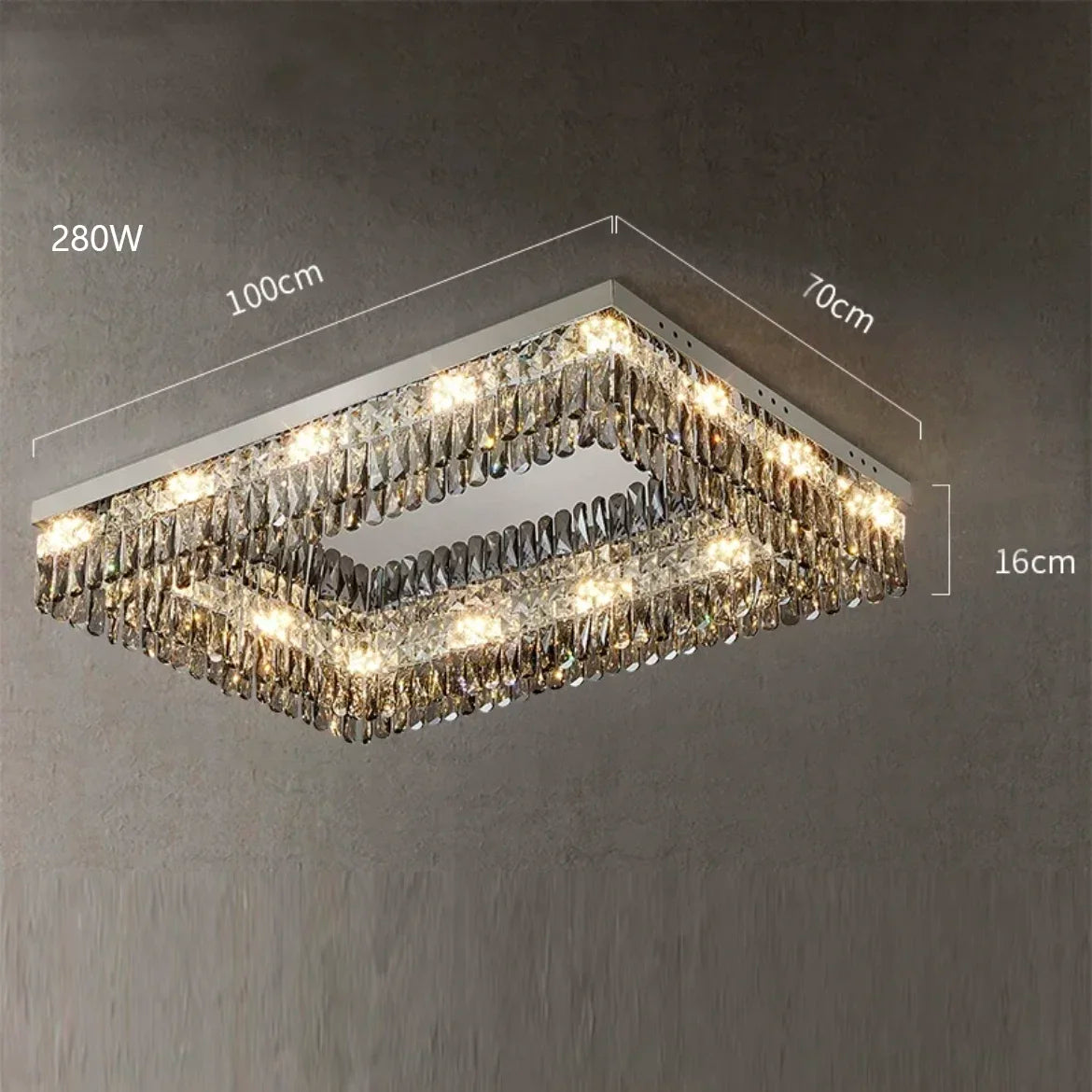 Rectangular crystal LED chandelier with hanging edge crystals, 100x70x16 cm, 280W power.