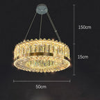 Crystal LED hallway chandelier with gold accents, geometric design, dimmable glow, three-wire hanging. 50x15x150cm.