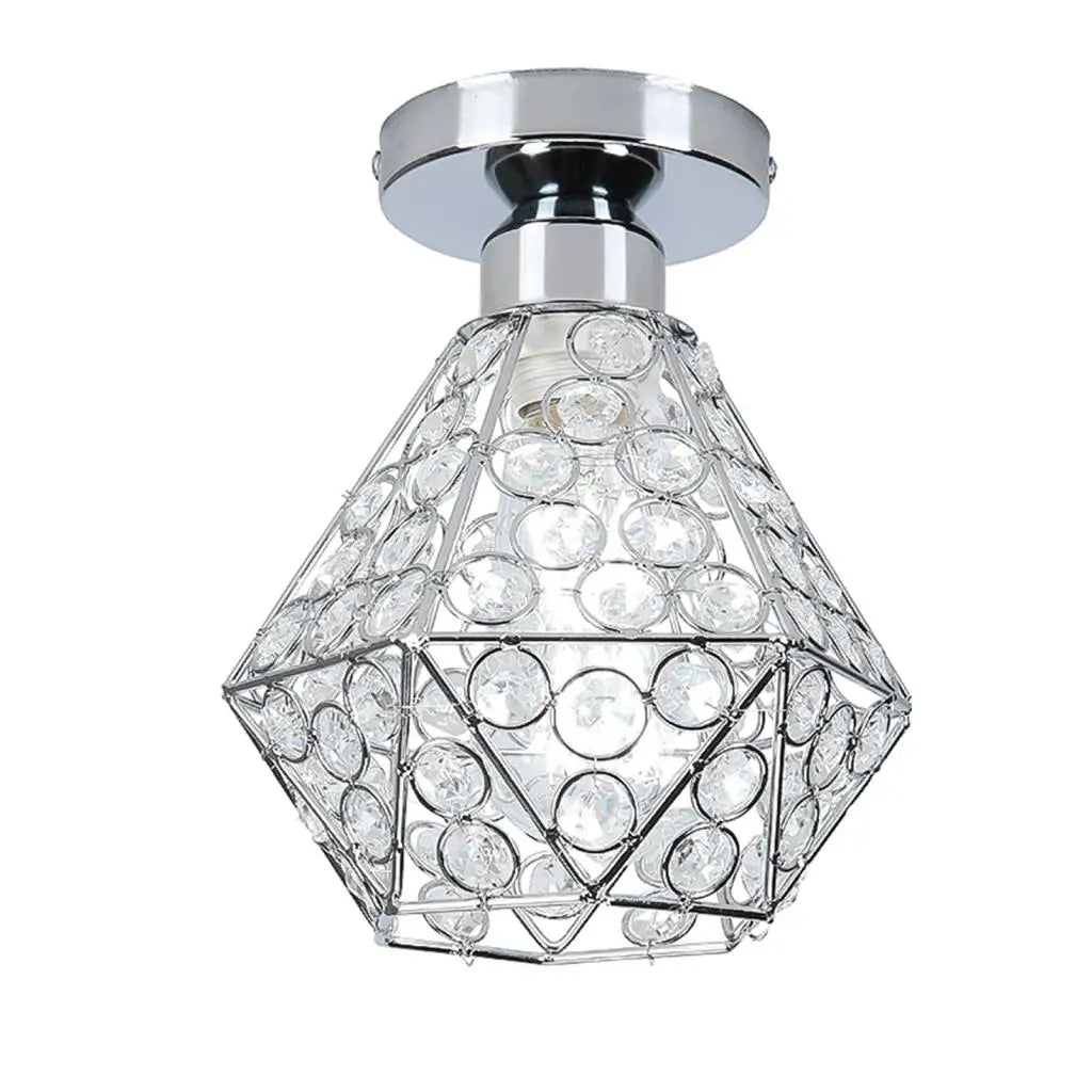 Modern chandelier with geometric metal frame, circular clear crystals, and chrome base for elegant lighting.