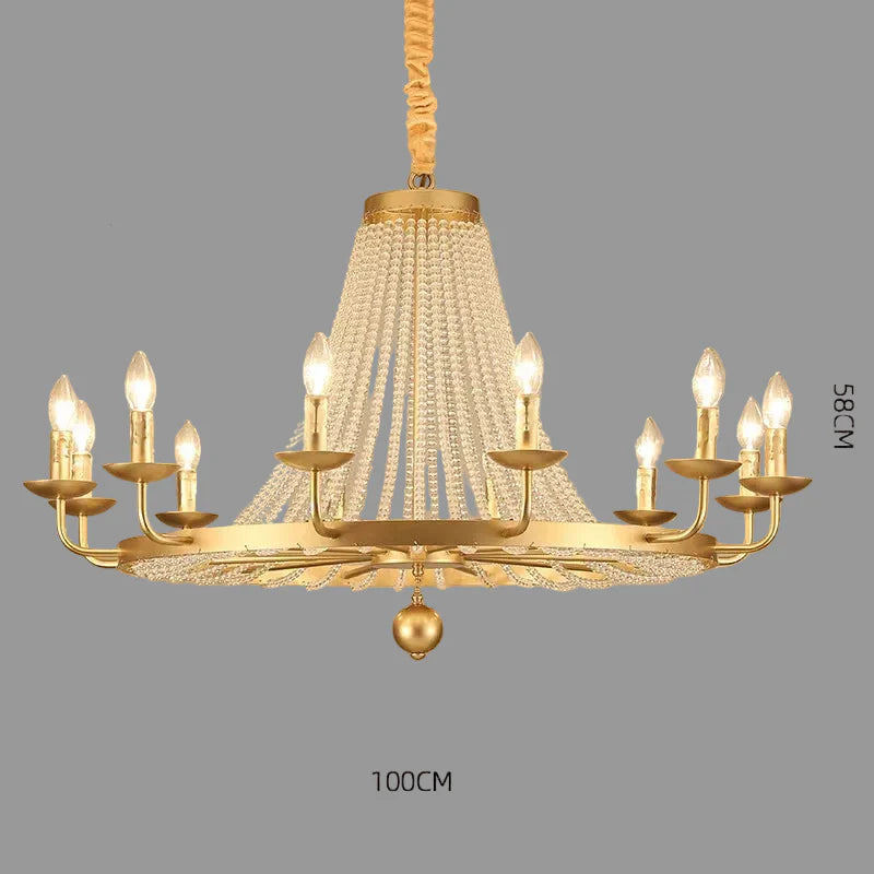 Maison Ornate Elegant Crystal Chandelier with gold tassels, beads, ten candle bulbs, 100x58cm.