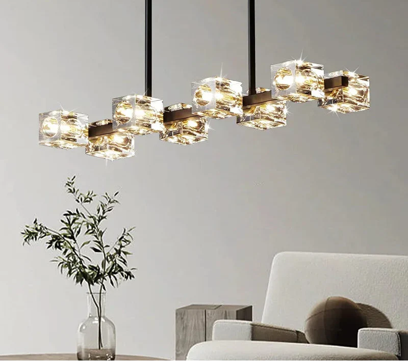 Maison Ornate Modern Crystal Chandelier boasts cube glass, LED lighting, airy suspension, and variable shapes.