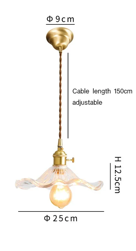 Gold ceiling-mounted vintage crystal chandelier with twisted cord, fluted glass shade, exposed bulb, adjustable hanging cable.