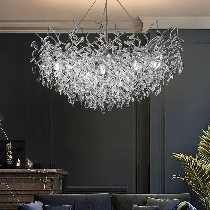 The Maison Ornate Modern Crystal LED Chandelier with polished aluminum design and sparkling crystal accents.
