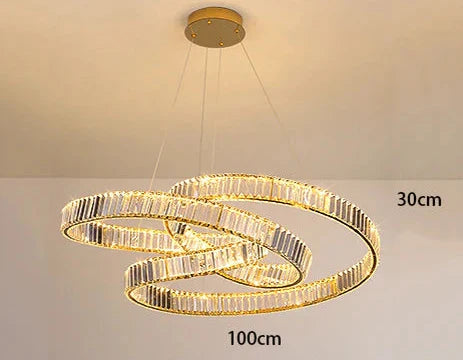 Nordic Minimalist LED Crystal Chandelier with two interlocking oval rings and vertical crystal accents.