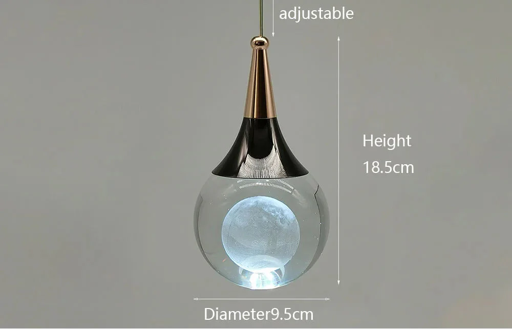 Teardrop LED crystal chandelier with glowing orb, adjustable cord, 18.5 cm height, 9.5 cm diameter.