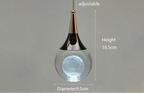 Teardrop LED crystal chandelier with glowing orb, adjustable cord, 18.5 cm height, 9.5 cm diameter.
