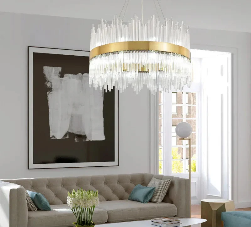 Maison Ornate’s Modern Gold Crystal Chandelier with elegant tassels, sophisticated and radiant ceiling lighting.
