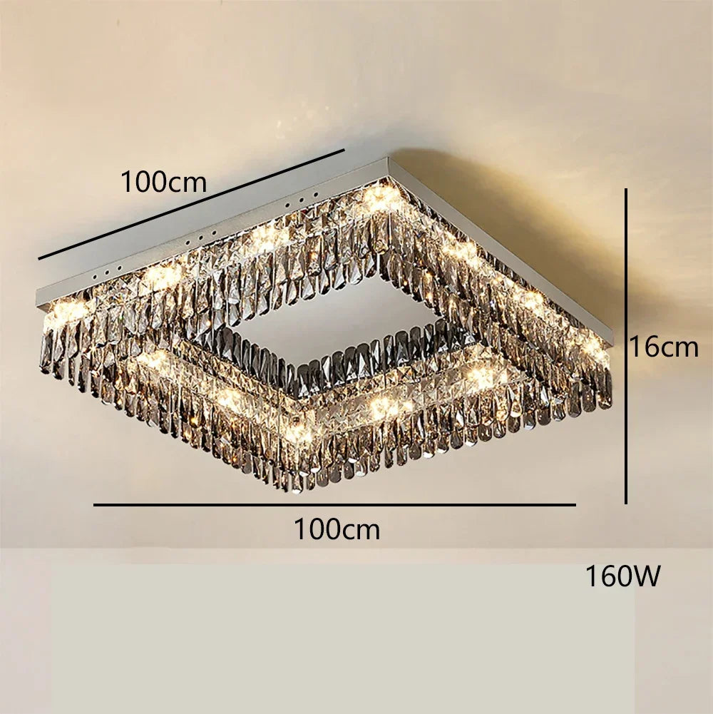 Elegant flush-mount crystal chandelier with LED, 100x100x16cm, modern design, 160W integrated lighting.
