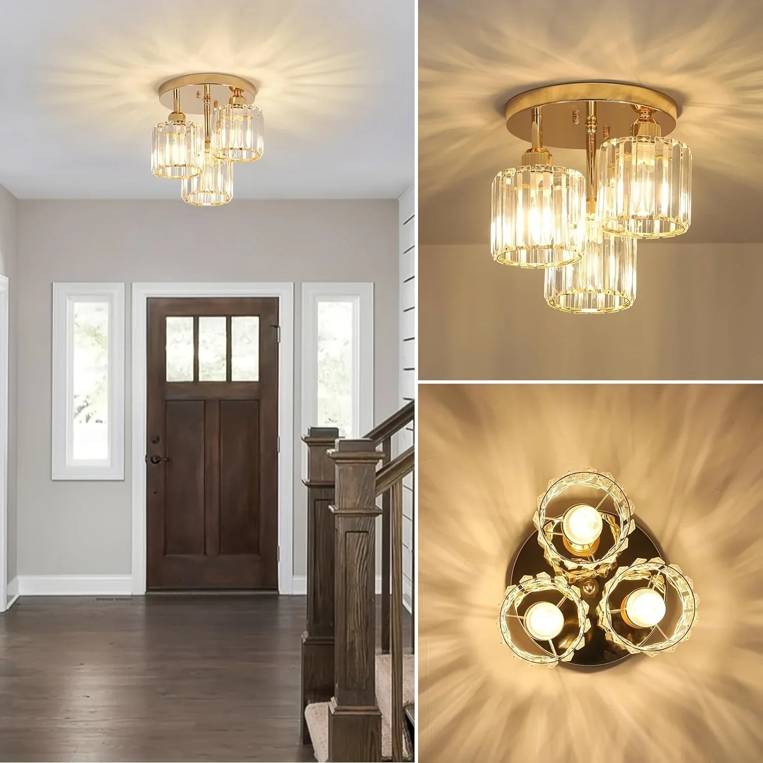 Maison Ornate gold and crystal three-light iron chandelier with glass cylinder shades, shown in detail.