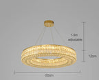 Gold Art Deco crystal chandelier, circular design, 60cm wide, integrated LEDs, adjustable cables.