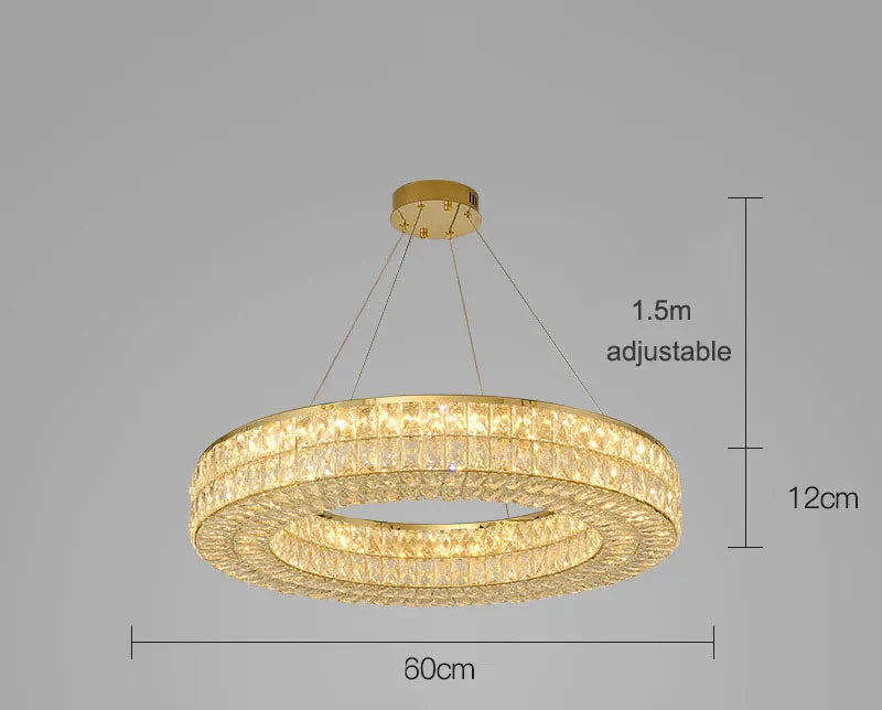 Gold Art Deco crystal chandelier, circular design, 60cm wide, integrated LEDs, adjustable cables.