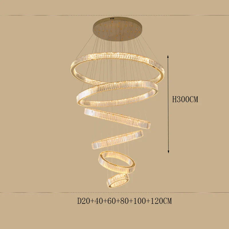 Modern crystal chandelier with six dimmable spiral LED rings, suspended from a round base.
