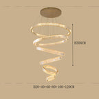 Modern crystal chandelier with six dimmable spiral LED rings, suspended from a round base.