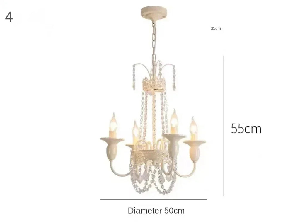 Ornate French crystal chandelier with five candle lights, hanging crystals, chains; E14 LED compatible.