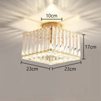 Square crystal glass LED chandelier with gold accents, 23x23cm, 17cm high, elegant ceiling light patterns.