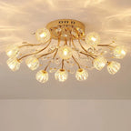 Nordic crystal chandelier with gold arms, glass flower shades, and integrated LED lighting.