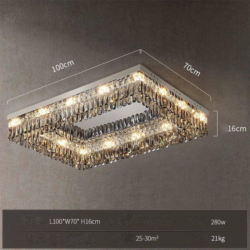 Rectangular chandelier with three crystal layers, warm LED lights, 280W, 100x70x16 cm.