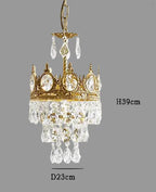 Crown-inspired gold chandelier with ornate detailing and hanging crystals, measures 39cm high by 23cm wide.