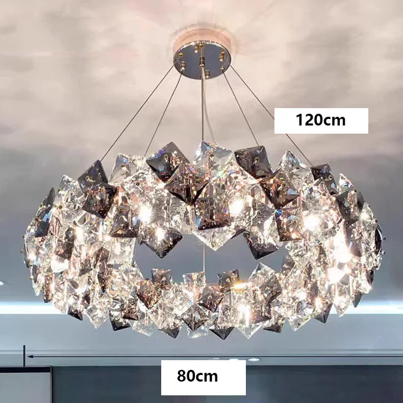 Modern stainless steel crystal LED chandelier, circular 80cm diameter, sparkles with elegant illumination, hanging 120cm from ceiling.