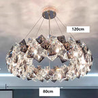Modern stainless steel crystal LED chandelier, circular 80cm diameter, sparkles with elegant illumination, hanging 120cm from ceiling.